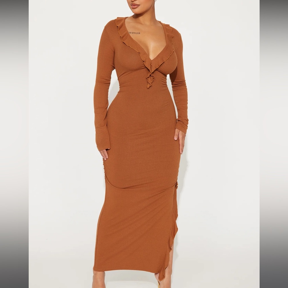 #149 light brown long sleeved midi dress